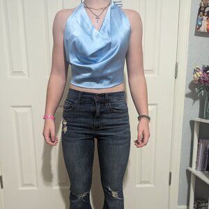 Satin blue backless halter